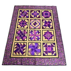 Handmade Springtime Garden Patchwork Quilt 69.5" X 56" Purple & Yellow Floral De